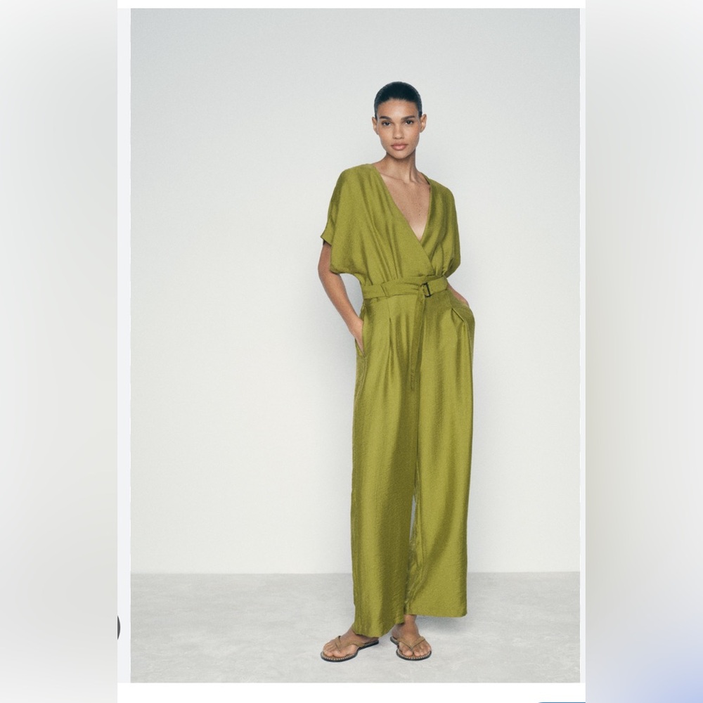 Zara Belted Wide Leg Jumpsuit . Olive Green. Size L - Picture 1 of 6